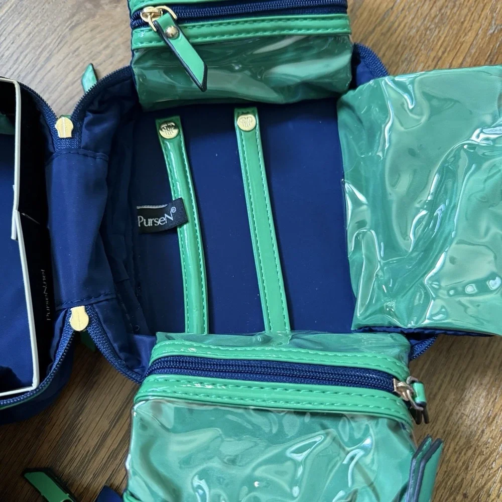 PurseN  Weekender Jewelry Case Navy Blue/Green Piping Expandable Satin